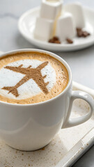 Obraz premium Cappucino coffee cup with plane powder decoration on the top and neutral studio copyspace background
