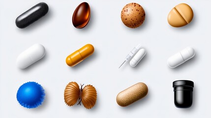 Various Capsules, Pills, and Medical Equipment on Light Background