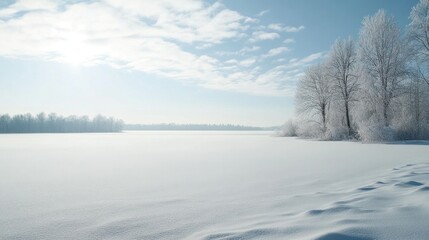 A serene winter landscape with frosty trees and a blanket of snow glistening under a clear blue sky.