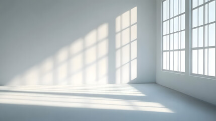 A clean, white room with sunlight streaming in through the window, casting shadows on an empty wall