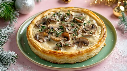 Christmas food big tartlets with mushrooms in a cream sauce with cheese garlic and herbs on a green plate on a pink concrete background