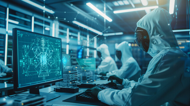 a futuristic quantum computer lab with glowing crystal processors and fractal light patterns,