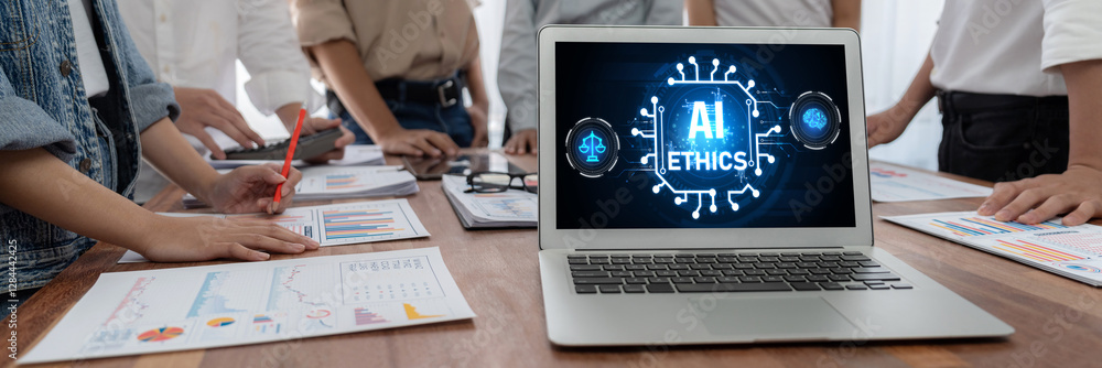Poster ai ethics responsibility standard law and rules on computer screen provide report of ai ethic transp
