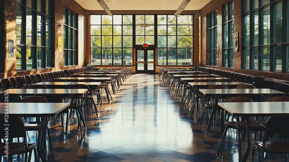 Aufkleber bright sunlight through large windows in school cafeteria rows of empty tables and chairs modern int