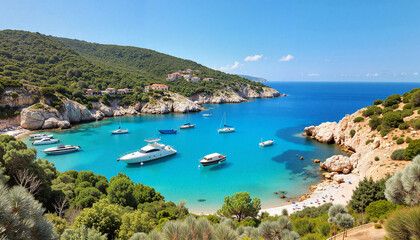 Tranquil Mediterranean cove with anchored boats, peaceful escape