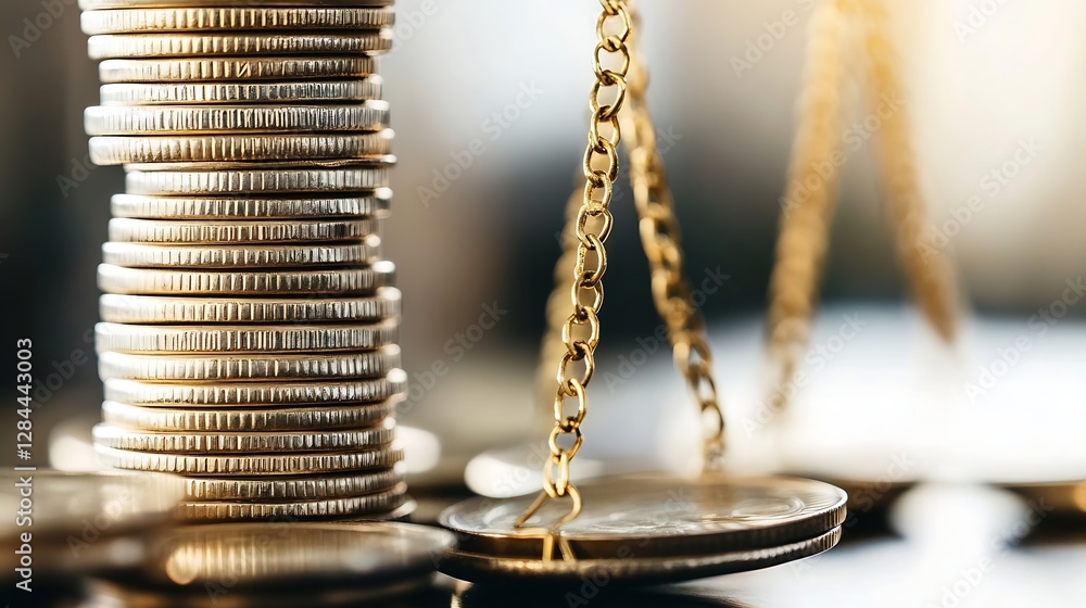 Poster stacks of coins balanced on scale symbolizing finance and growth : generative ai