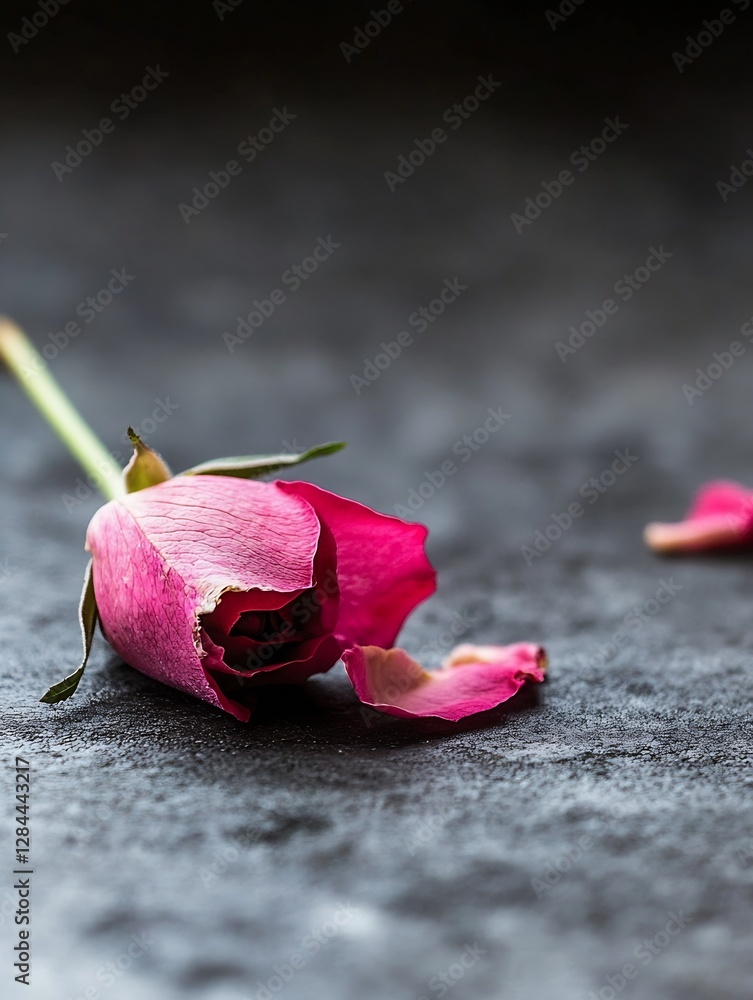 Aufkleber withering pink rose petals scattered on a dark textured surface creating a moody atmosphere : genera