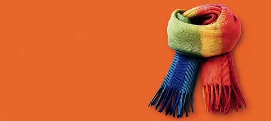 Stylish clothes banner featuring a cozy scarf on a warm orange background for fashion and design use