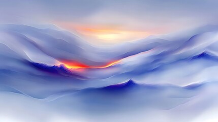 Abstract Landscape Depicting Sunrise Over Rolling Waves and Soft Clouds with Tranquil Atmosphere