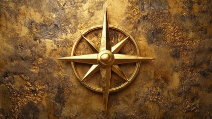 A golden compass rose design set against a textured golden surface, symbolizing exploration and direction.