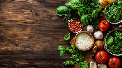 Farm-to-table cuisine ensures fresh quality. Fresh vegetables and herbs arranged on a wooden table for cooking.