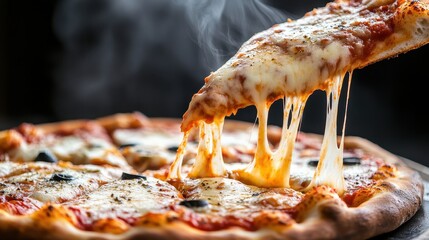 A delicious cheese pizza being pulled from the pan, showcasing melted cheese and fresh ingredients.