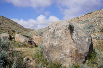 A large weathered boulder with patches of lichen sits in a rugged hillside landscape with scattered...