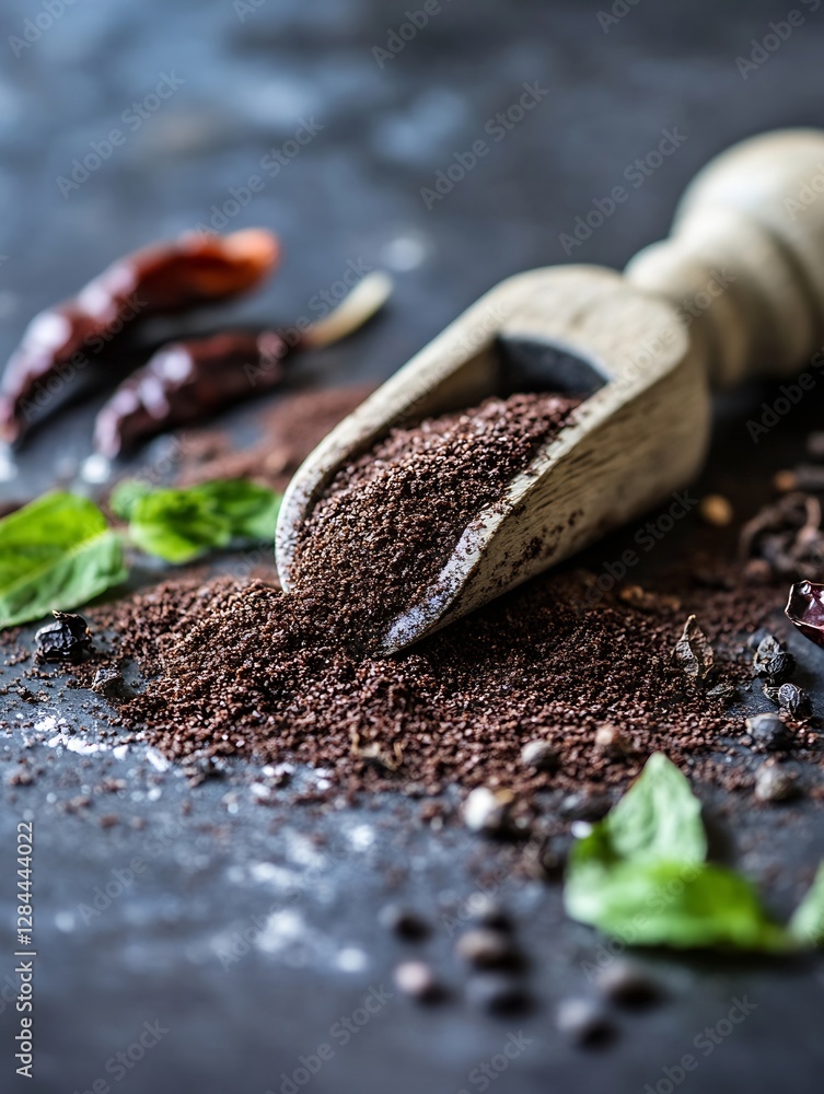 Poster closeup of ground spices with fresh herbs on a rustic wooden surface : generative ai