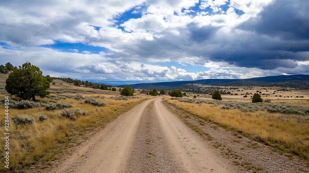 Poster scenic view of a winding dirt road through open fields under a dramatic sky : generative ai