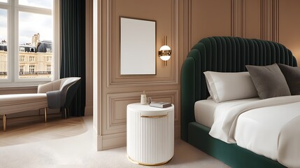 Sophisticated Luxury Bedroom Interior Featuring Green Velvet Bed and Elegant Design Elements