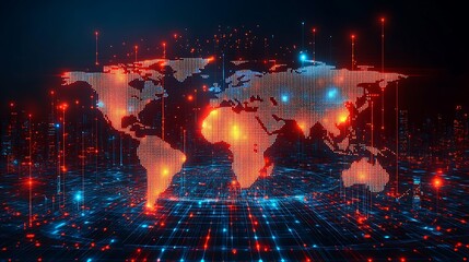 A glowing map of the world showing connected data points