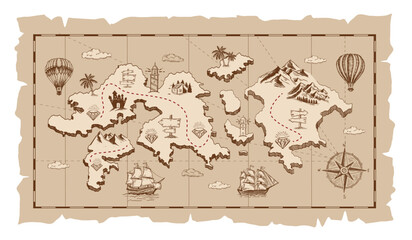 Old pirate treasure map. Hand-drawn illustrations.	