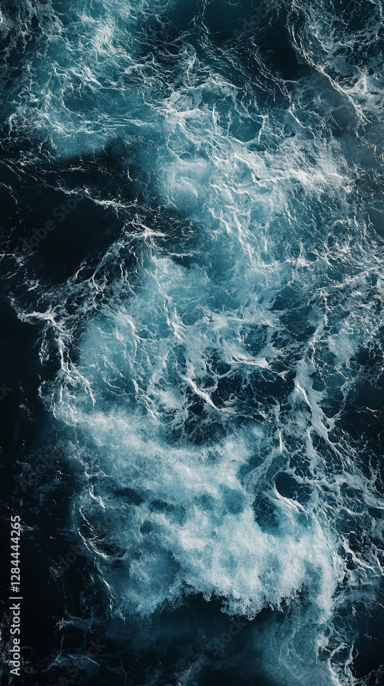 Poster close-up of ocean waves crashing with foam and turbulent waters, showcasing the natural power and be