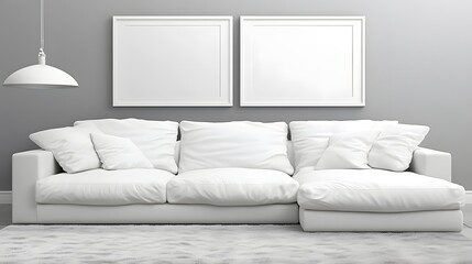 Modern Minimalist Living Room with Plush White Sofa and Gray Wall Art in Contemporary Design