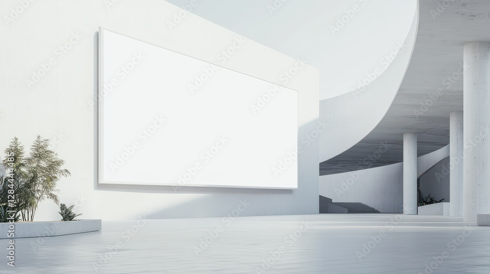 Poster modern minimalistic architectural space with large blank canvas and curved structures