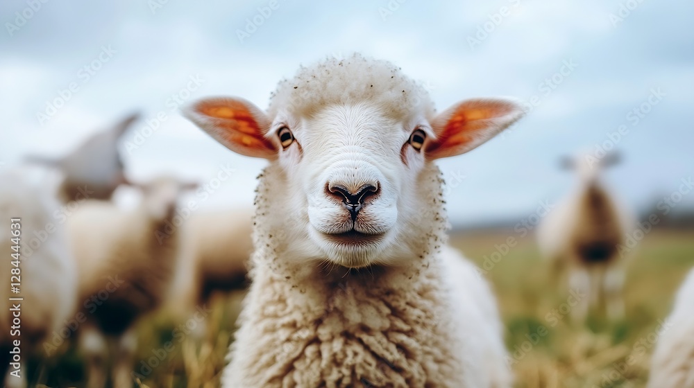 Poster Adorable sheep standing in a green field with a flock of sheep in the background : Generative AI