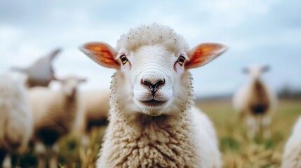 Adorable sheep standing in a green field with a flock of sheep in the background : Generative AI