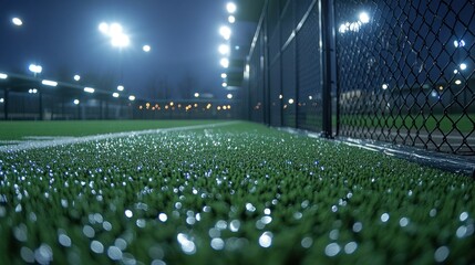 Nighttime sports field, wet artificial turf, illuminated by stadium lights, fence in background