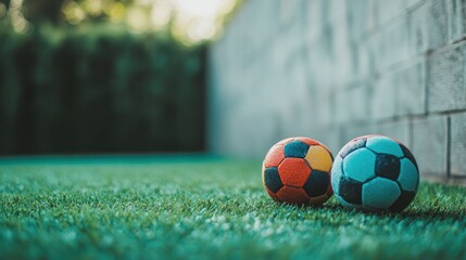 Colorful balls on grass beside wall, sunny day. Backyard play