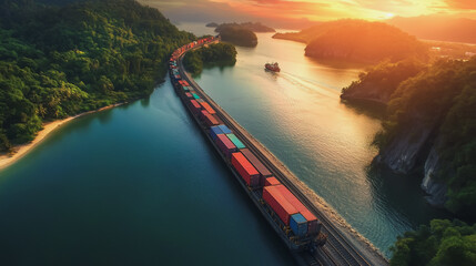 Global business of Container Cargo freight train for Business logistics concept, Air cargo trucking, Rail transportation and maritime shipping, Online goods orders worldwide. Container truck in ship

