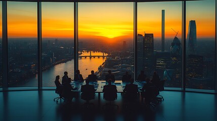 Naklejka na ściany i meble People sitting at conference table with city view at sunset