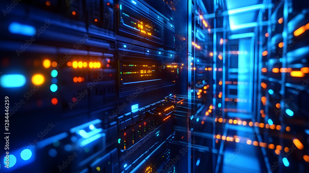 Poster high tech data center with robust network switches and glowing cables.