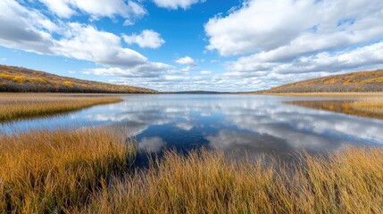 Obraz premium Autumn lake reflection, scenic landscape, tranquil nature