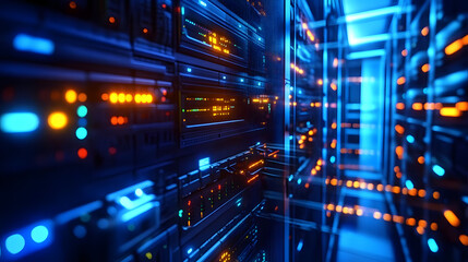 Fototapeta premium High tech data center with robust network switches and glowing cables.