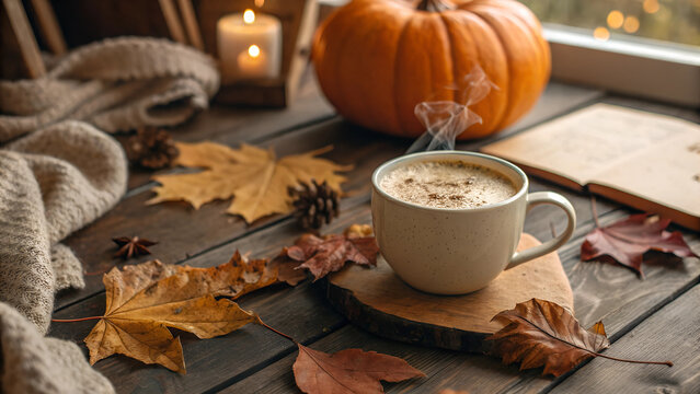 cozy fall vibes with pumpkin spice latte in a warm cup on a wooden table. capturing the essence of autumn
