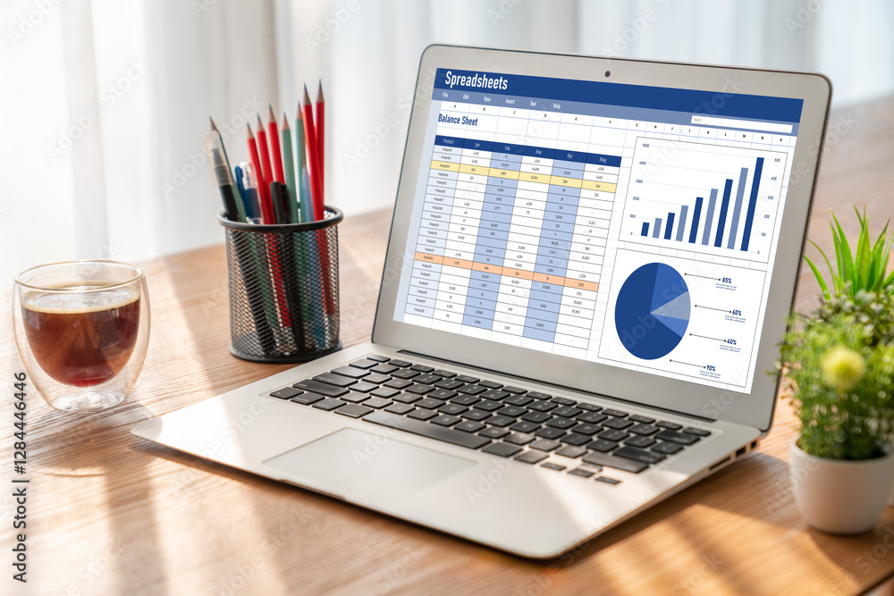 Poster spreadsheet document information financial startup concept. data and graphs in spreadsheet documents