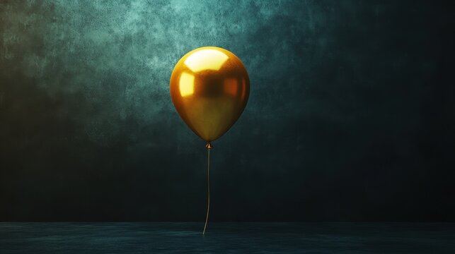 A solitary gold balloon floats gracefully against a dark, moody background, evoking a sense of whimsy and celebration.