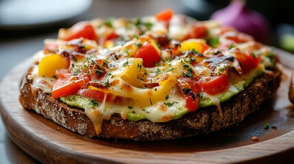Close up of a tasty avocado toast with cheese and vegetables on rye bread on a plate in a restaurant