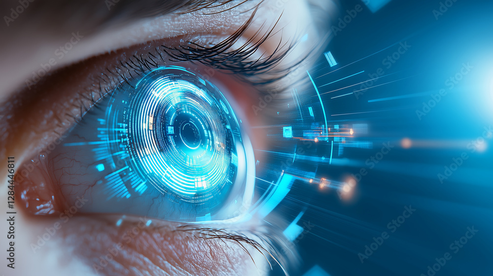 Poster a close-up view of a human eye integrated with digital technology, showcasing glowing data patterns 