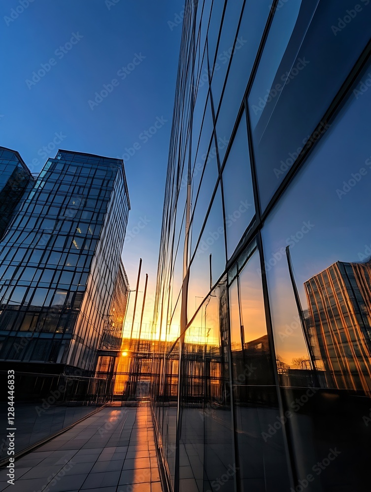 Poster Sunset Reflection Captured in Glass Facades of Modern Architecture Against the Evening Sky : Generative AI