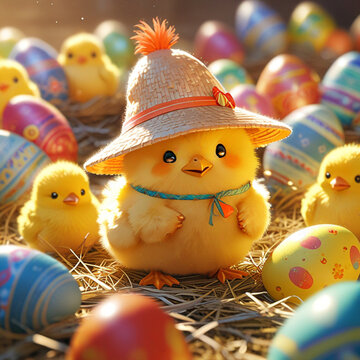 Cute cartoon easter chick in a straw hat with a red ribbon in a nest of straw and painted spotty easter eggs