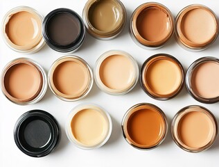 A photo of different shades and colors of creamy foundation in small jars, arranged on the right side against a white background.