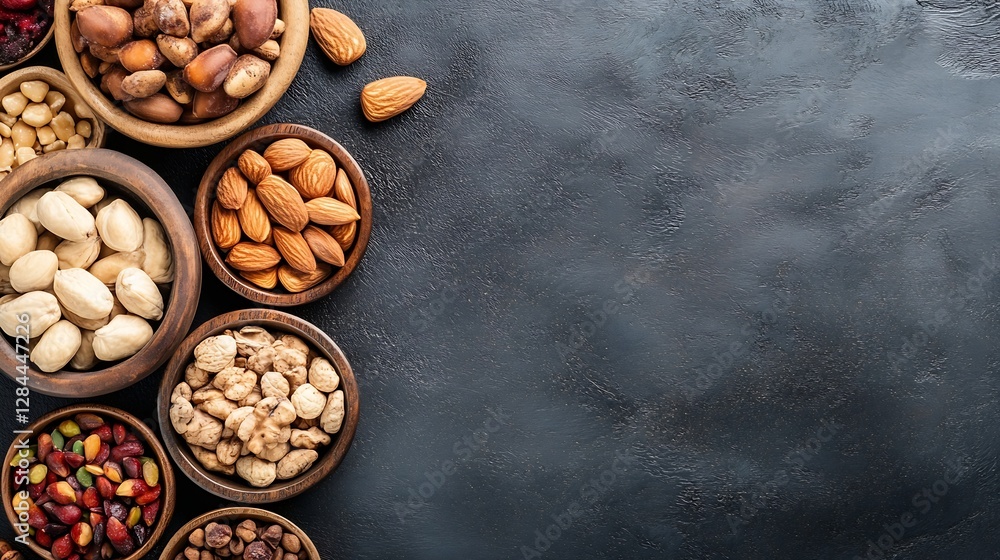 Aufkleber Assorted nuts in wooden bowls arranged on a dark surface creating a healthy snack display : Generative AI