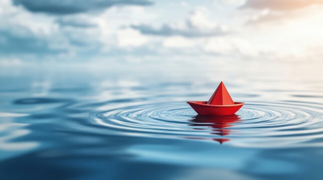 A vibrant red paper boat floats serenely on a calm blue water surface, creating gentle ripples under a cloudy sky. - Powered by Adobe