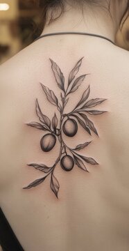 A tattoo of two olive branches adorned with olives is gracefully placed on the upper back, showcasing intricate detailing. The design symbolizes peace and harmony