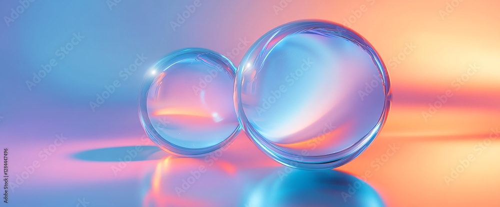 Aufkleber Abstract image of two transparent spheres with soft reflections and a colorful gradient background of pink and blue hues, symbolizing elegance, fluidity, and modern design.