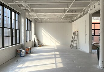 Obraz premium A photograph of an empty room in the process of drywall installation, showcasing freshly painted white walls and ceiling with scattered construction tools. 