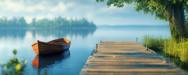 Naklejka premium Serene lake with wooden boat and pier on a sunny day