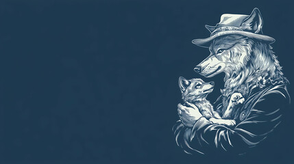 Fototapeta premium Happy Fathers Day Poster. Dad Wolf and baby Wolf. Space for writing.