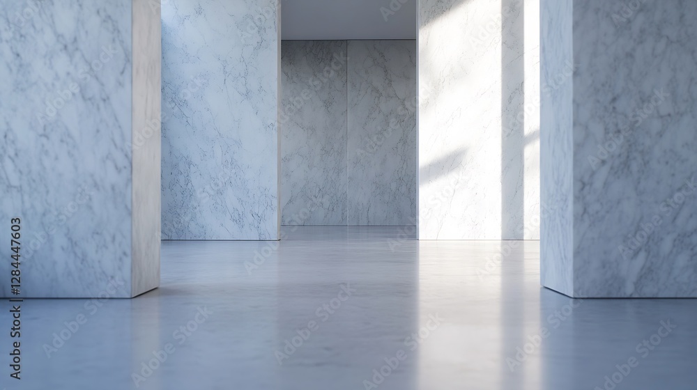 Fototapete Minimalistic view of a spacious marble interior with soft sunlight casting shadows on the floor : Generative AI